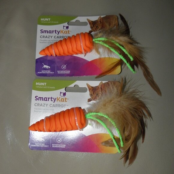 🎈NWT 2 SmartyKat crazy carrot flexible cat toy with feathers - Picture 1 of 13